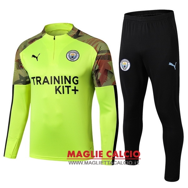 nuova manchester city insieme completo verde fluorescente nero bambino giacca 2019-2020