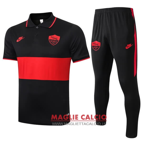 polo set completo maglia as roma 2019-2020 nero rosso