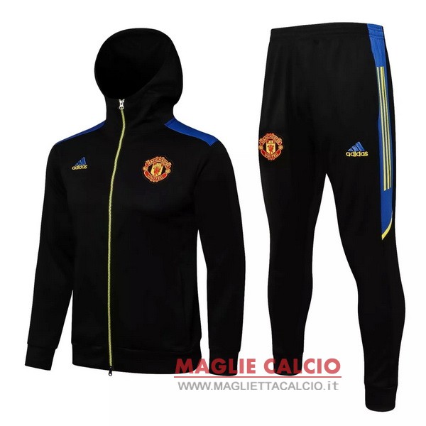 nuova manchester united insieme completo nero blu giallo giacca felpa cappuccio2021-2022