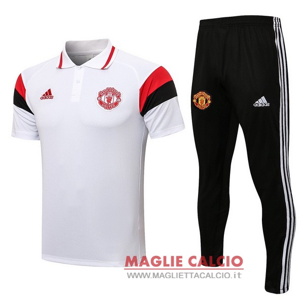 polo set completo maglia manchester united 2021-2022 bianco rosso nero