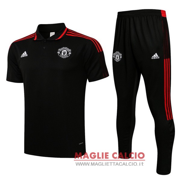 polo set completo maglia manchester united 2021-2022 nero rosso