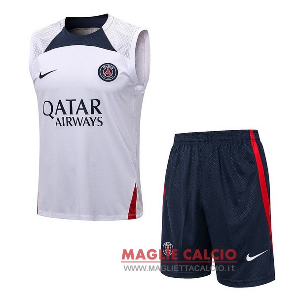 nuova formazione senza maniche set completo divisione magliette paris saint germain 2022-2023 bianco blu