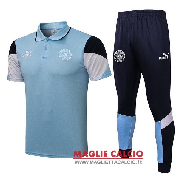 polo set completo maglia manchester city 2021-2022 blu bianco nero