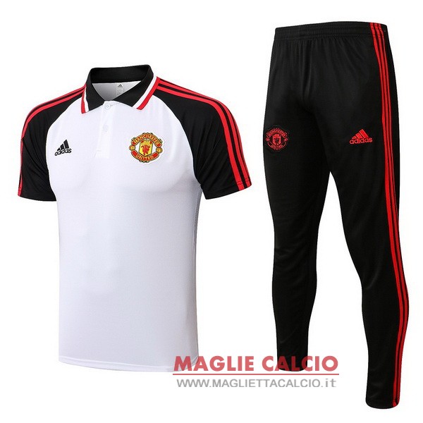 polo set completo maglia manchester united 2022-2023 bianco nero rosso