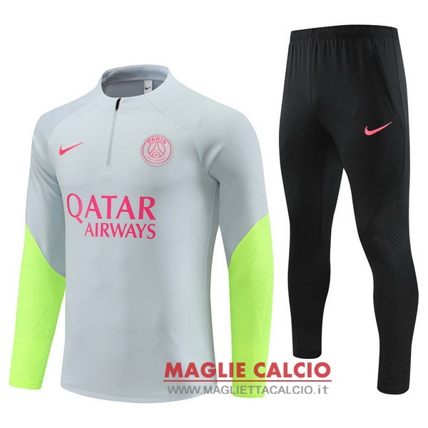 felpa da allenamento bambino set completo psg 2023-2024 grigio verde nero