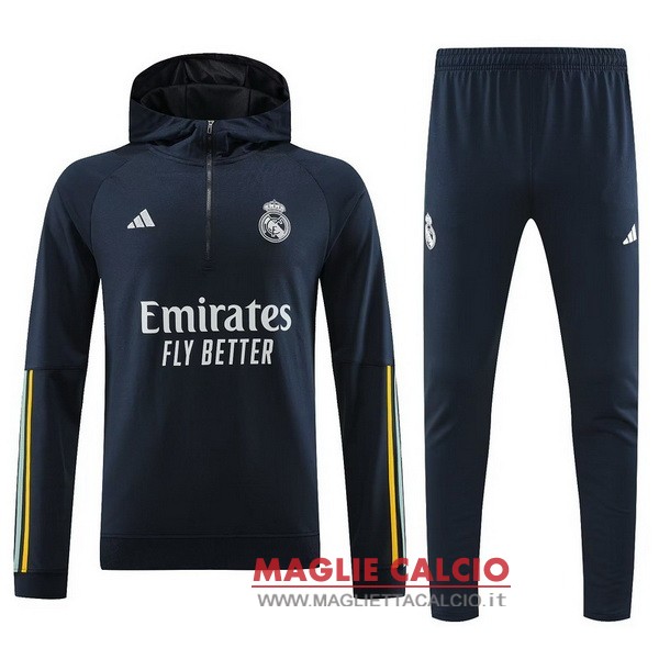 nuova real madrid insieme completo blu navy giallo giacca felpa cappuccio 2023-2024