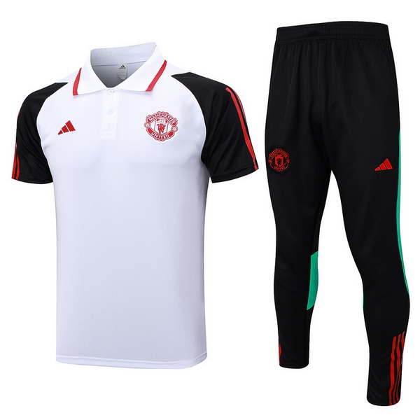 polo set completo maglia manchester united 2023-2024 bianco nero rosso