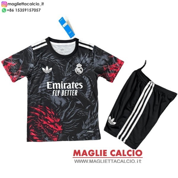 nuova speciale maglietta real madrid set completo bambino 2025-2026 nero rosso