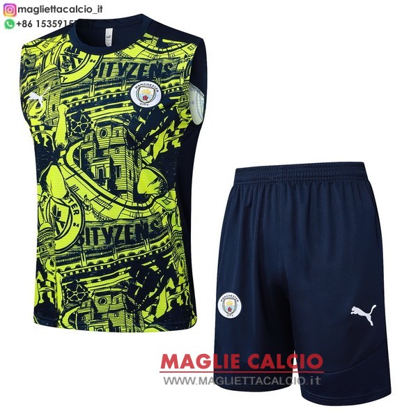 nuova formazione senza maniche divisione magliette set completo manchester city 2024-2025 blu navy verde