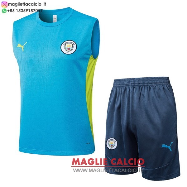 nuova formazione senza maniche divisione magliette set completo manchester city 2024-2025 blu verde grigio
