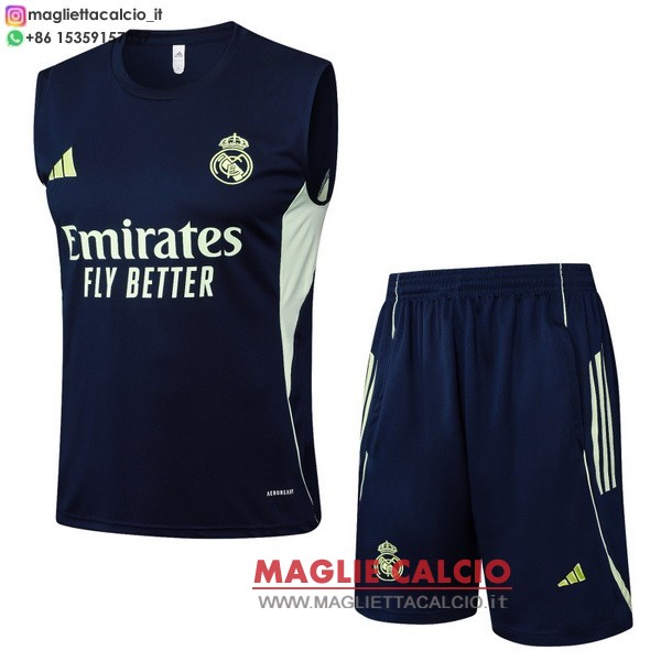 nuova senza maniche magliette set completo real madrid formazione 2025-2026 blu navy I verde