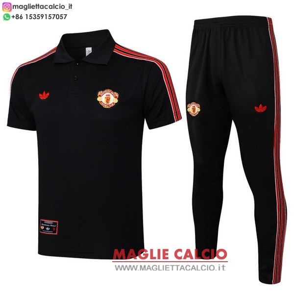 polo set completo maglia manchester united 2025-2026 nero rosso