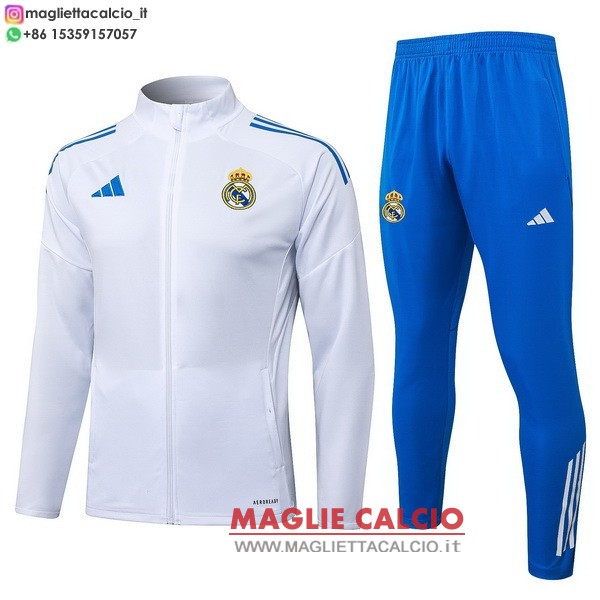 giacca lunga zip bambino set completo real madrid 2025-2026 bianco blu