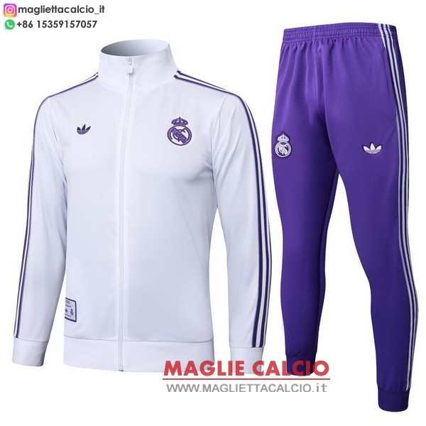 giacca lunga zip bambino set completo real madrid 2025-2026 bianco purpureo