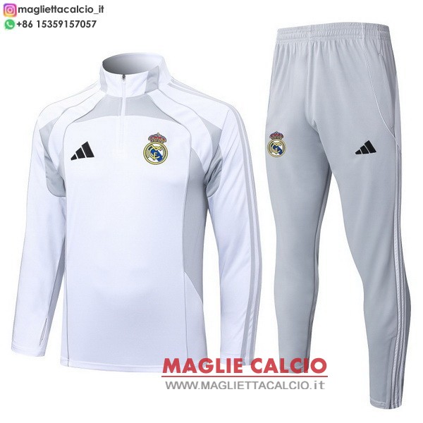 felpa da allenamento bambino set completo real madrid 2025-2026 bianco grigio