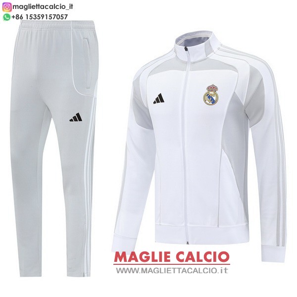 nuova real madrid insieme completo bianco grigio giacca lunga zip 2025-2026
