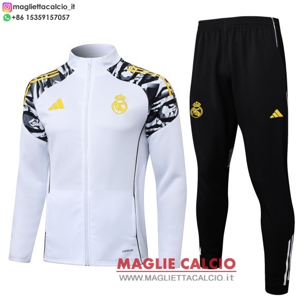 giacca lunga zip bambino set completo real madrid 2025-2026 bianco giallo nero