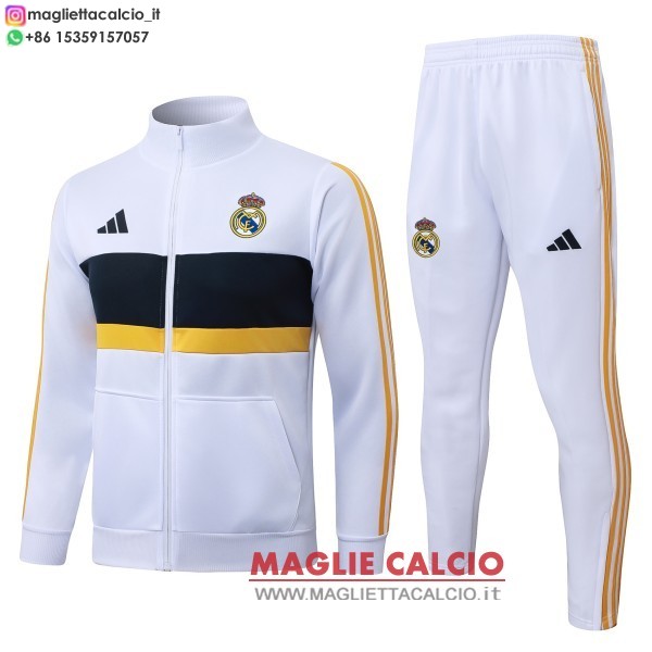 giacca lunga zip bambino set completo real madrid 2026-2027 bianco blu giallo verde grigio