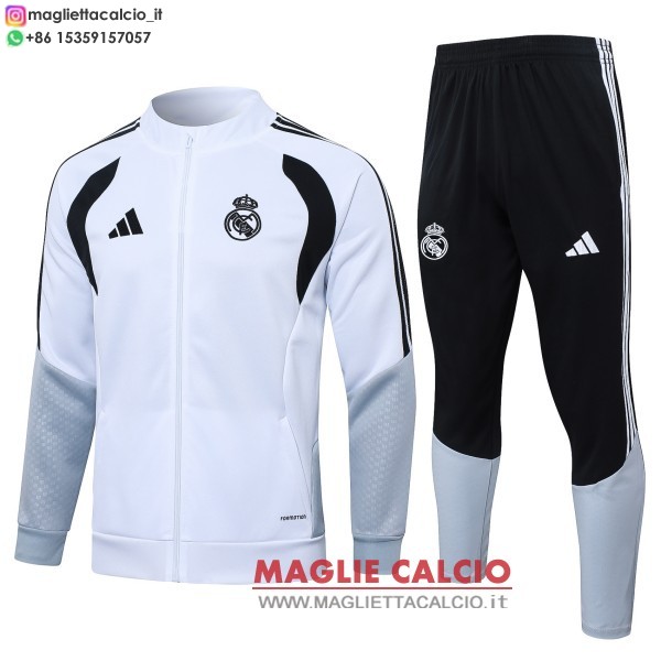 giacca lunga zip bambino set completo real madrid 2026-2027 bianco grigio nero