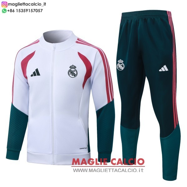 giacca lunga zip bambino set completo real madrid 2026-2027 bianco rosa verde
