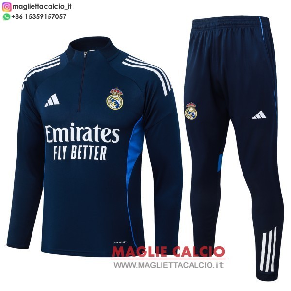 felpa da allenamento bambino set completo real madrid 2025-2026 blu navy bianco