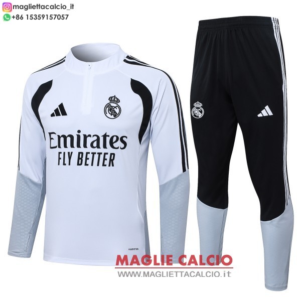 felpa da allenamento bambino set completo real madrid 2026-2027 bianco grigio nero