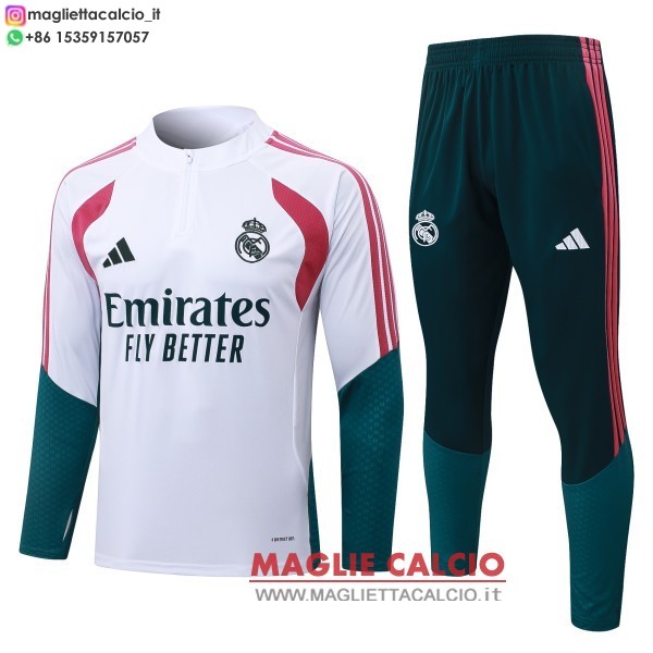 felpa da allenamento bambino set completo real madrid 2026-2027 bianco rosa verde