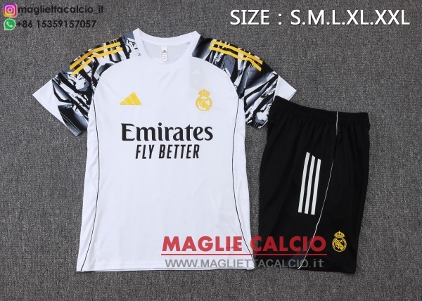 nuova formazione divisione maglietta set completo real madrid 2025-2026 bianco giallo nero