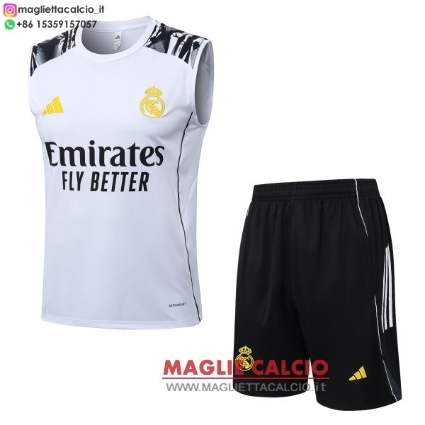 nuova formazione senza maniche divisione maglietta set completo real madrid 2025-2026 bianco giallo nero