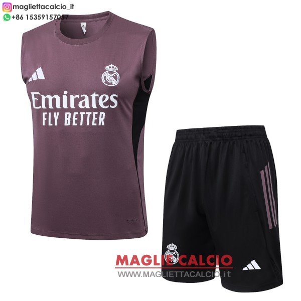 nuova formazione senza maniche divisione maglietta set completo real madrid 2025-2026 purpureo bianco nero