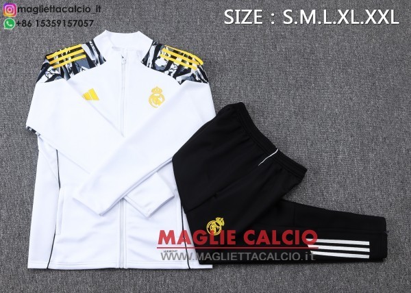 nuova real madrid insieme completo bianco giallo nero giacca lunga zip 2025-2026