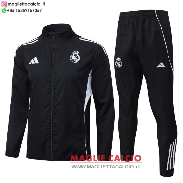 nuova real madrid insieme completo nero bianco giacca a vento 2025-2026