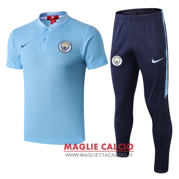 polo set completo maglia manchester city 2018-2019 blu luce